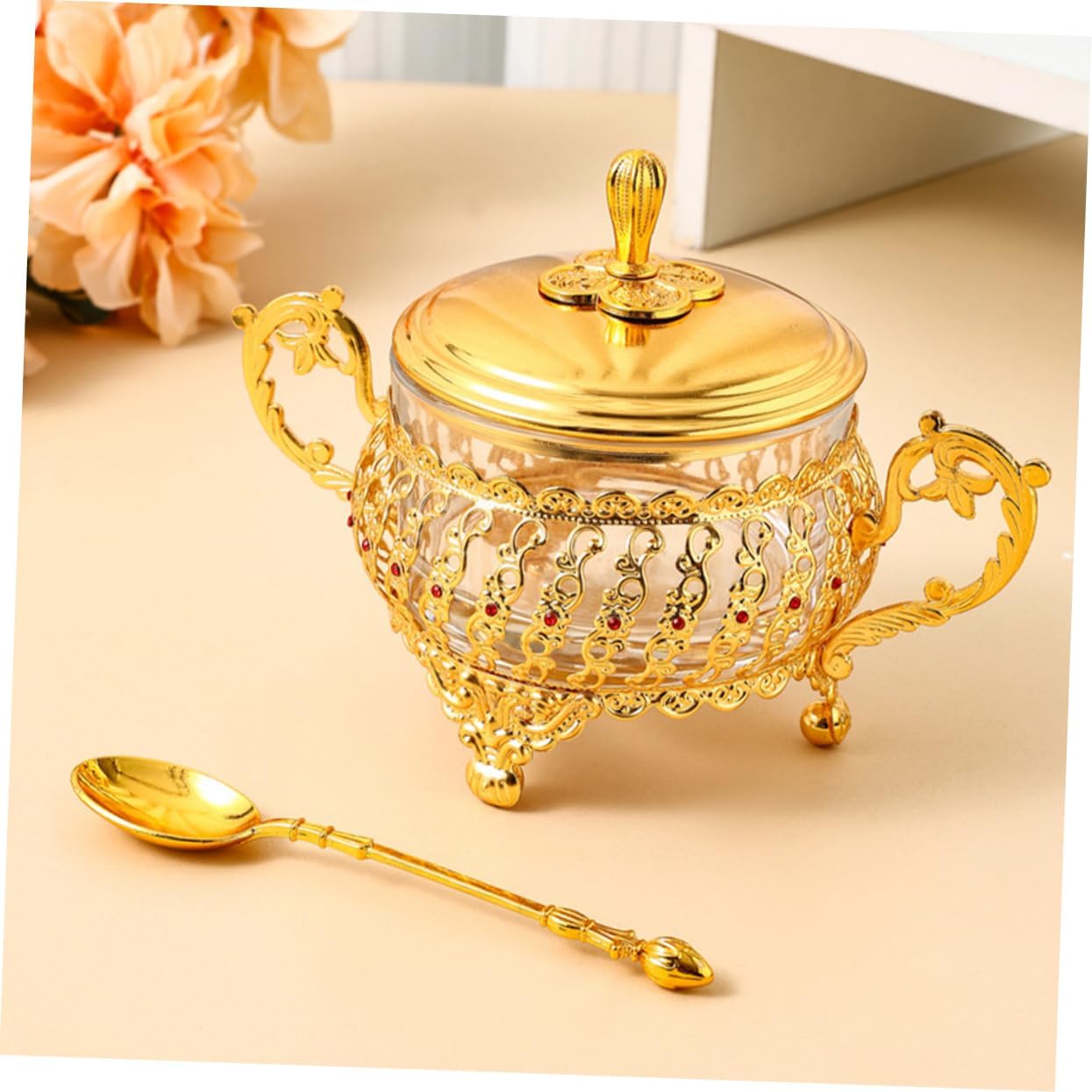 뚜껑과 숟가락이있는 설탕 그릇 금 유리 조미료 양념 항 - Kitchen Gadgets Gold 리뷰 및 가격